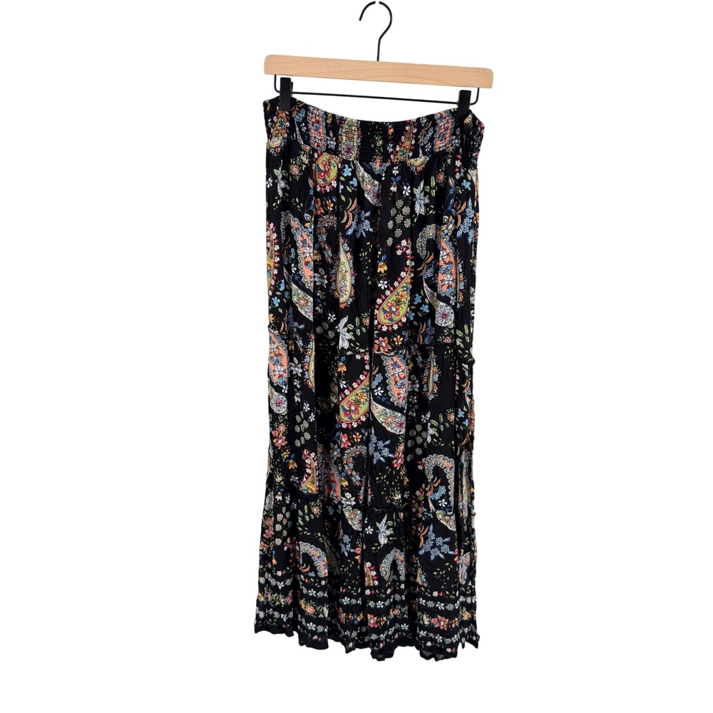Bila Skirt Black Large Boho Paisley Floral Maxi Tiered Rayon Summer Festival